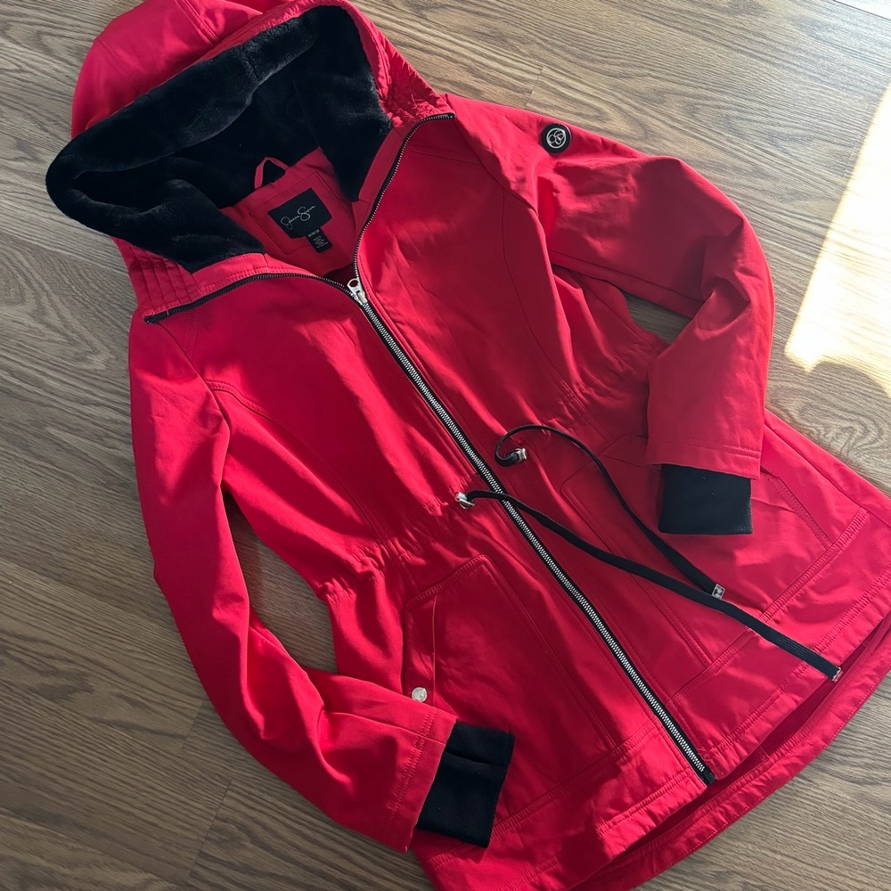 Jessica Simpson Red Hooded Softshell Jacket with Faux-Fur Lining